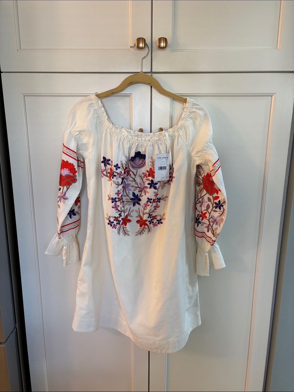 Free People White Peasant Mini Dress with Red and Purple Floral Embroidery